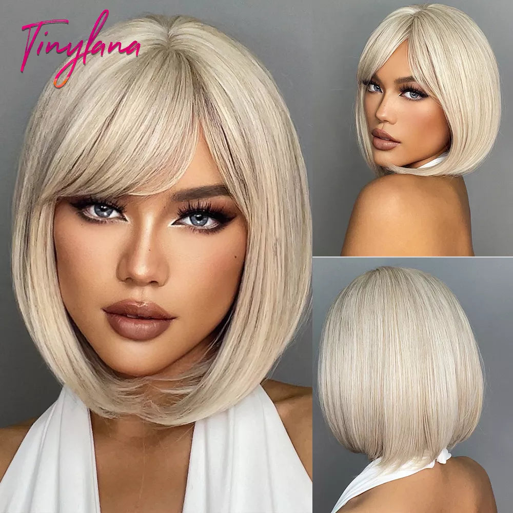 White Blonde Gray Synthetic Wigs with Bangs Short Straight Bob Hair Wig for Women Cosplay Daily Natural Hair Heat Resistant