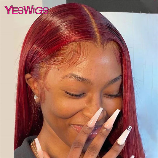 Burgundy 99J Red Colored Bone Straight Lace Front Wig HD Transparent Lace Frontal Human Hair Wigs For Women Pre Plucked Glueless