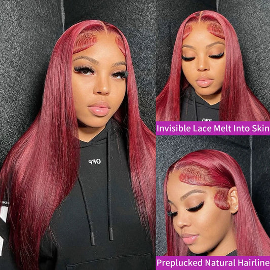 99J Burgundy Lace Front Wig Human Hair 13X4 Straight Red Colored Lace Frontal Human Hair Wigs for Women Lace Front Wig