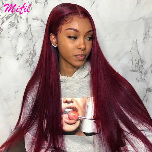 Burgundy Red Straight Lace Front Human Hair Wigs Glueless Colored 99J 13x4 HD Transparent Lace Frontal Human Hair Wigs For Women