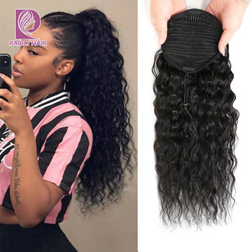 Water Wave Ponytail Human Hair Wrap Around Ponytail Extension Remy Hair Corn Wave Drawstring Ponytails Hair Extensions 26 Inches