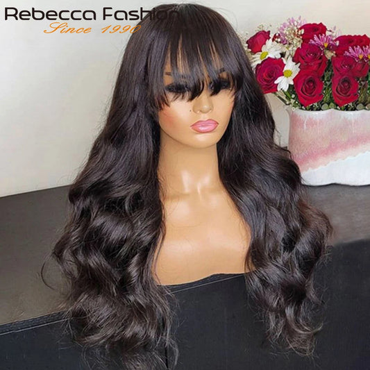 180D 1B Body Wave Human Hair Bangs Wigs Fringe For Women Glueless Brazilian Body Wave Human Hair Wigs With Bangs Machie Made