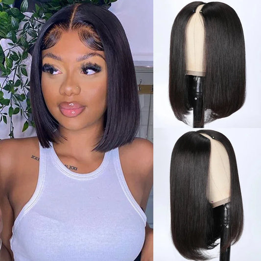 Straight short Bob V Part Human Hair Wigs For Women V Shape Brazilian Human Hair Glueless Wig No Leave Out Glueless Wig