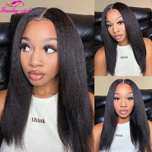 Transparent Lace Human Hair Wig Kinky Straight Human Hair Lace Part Wigs For Women Brazilian Yaki Straight 180% Density Remy Wig