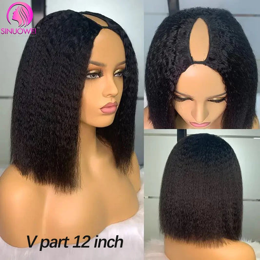Kinky Straight U V Part Human Hair Bob Wigs For Women No Glue 180% Density V Part Human Hair Yaki Straight Short Bob Wig