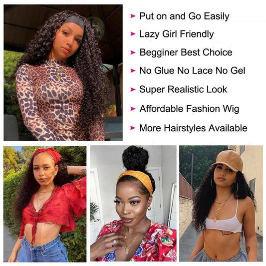 Kinky Curly Headband Wigs 180% Density Wear to Go Water Wave Headband Wig 20 Inches Brazilian Human Hair Glueless Wig For Women