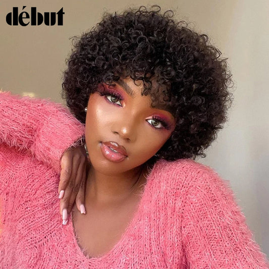 Debut Short Afro Curly Bob Human Hair Wigs With Bangs For Women Brazilian Remy Hair Wear and Go Natural Brown Kinky Curly Wigs