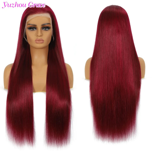 99j Burgundy Lace Front Human Hair Wig 30 Inch Bone Straight Lace Frontal Wigs 5x5 Hd Transparent Lace Brazilan Wig For Woman