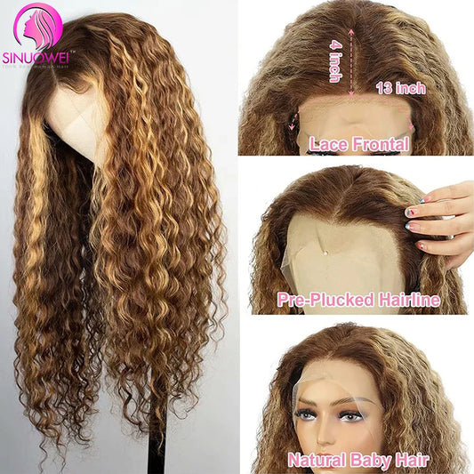 Highlight Water Wave Human Hair 13x6 Lace Front Wig Brazilian Remy Hair Wigs Deep Wave 13x4 Transparent Lace Frontal Wig