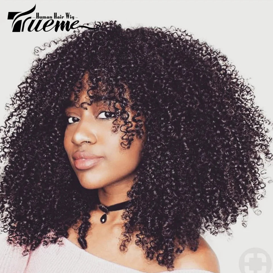 TrueMe Short Kinky Curly Bob Wig Big Afro Kinky Curly Human Hair Wigs 200% Density Brown Natural Culry Wear And Go Human Wig