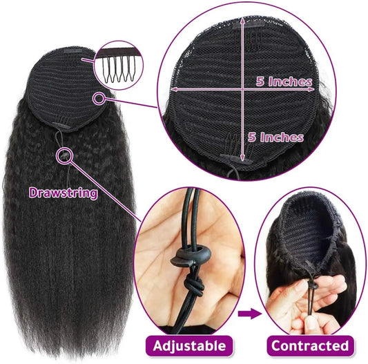 16-26 Inches Kinky Straight Ponytail Human Hair Extension Wrap Around Drawstring In Ponytail Natural Black #1B Remy For Women