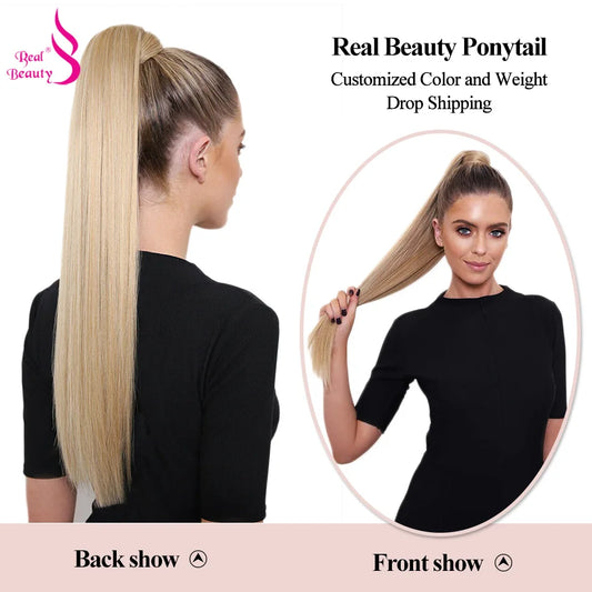 Real Beauty Straight Human Hair Ponytail Extensions Highlight Honey Blonde Wrap Around Ponytail Hair Pieces Brazilian 1001