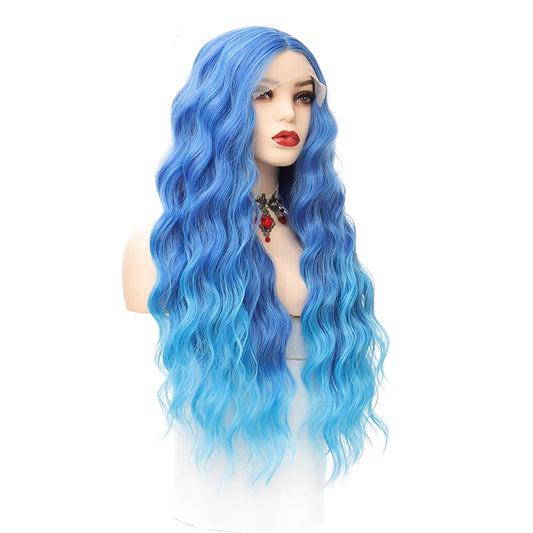 Synthetic Lace Wig 29 Inch Gradient blue Long Wavy hair Lace Wig For Women High Temperature Fiber Natural Hair Cosplay Wigs