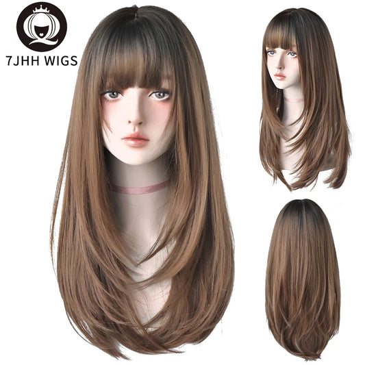 7JHH Synthetic Wigs Long Straight Pink Brown Hair Top Dyed Black Omber Wigs With Bangs For Women Fashion Heat Resistant Wigs