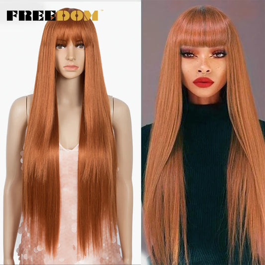 FREEDOM Long Straight Wig With Bangs Synthetic Wigs For Women White Purple Ombre Wig Heat Resistant Fiber Cosplay Wigs