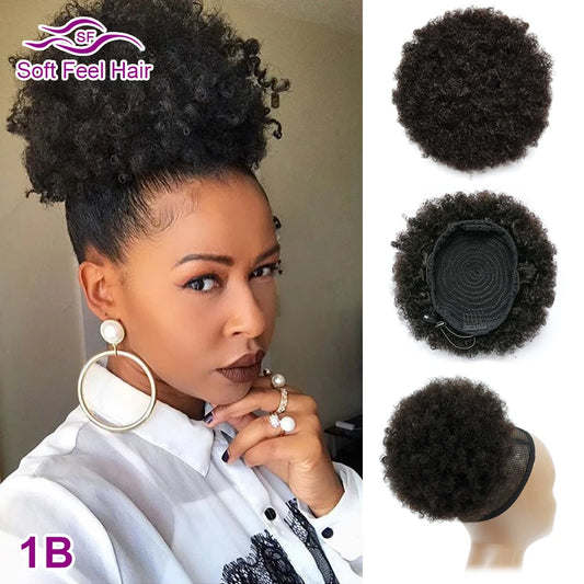 Afro Puff Ponytail Human Hair Bun Kinky Curly Drawstring Ponytail Ombre Brazilian Clip In Hair Extensions Soft Feel Hair Chignon