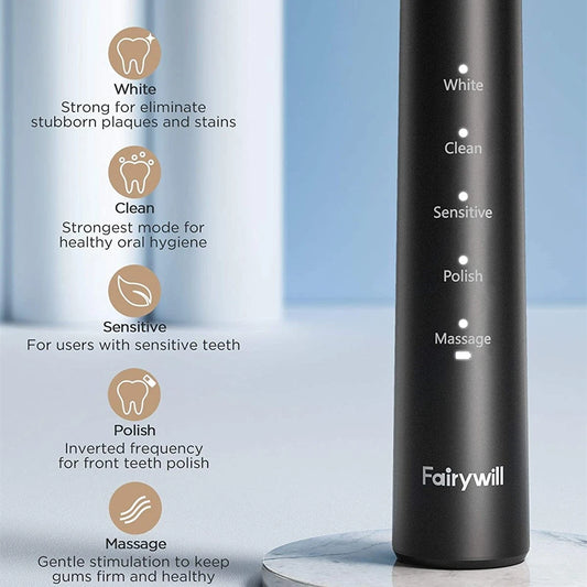 Fairywill Sonic Electric Toothbrush E11 Waterproof USB Charge Rechargeable Electric Toothbrush 8 Brush Replacement Heads Adult