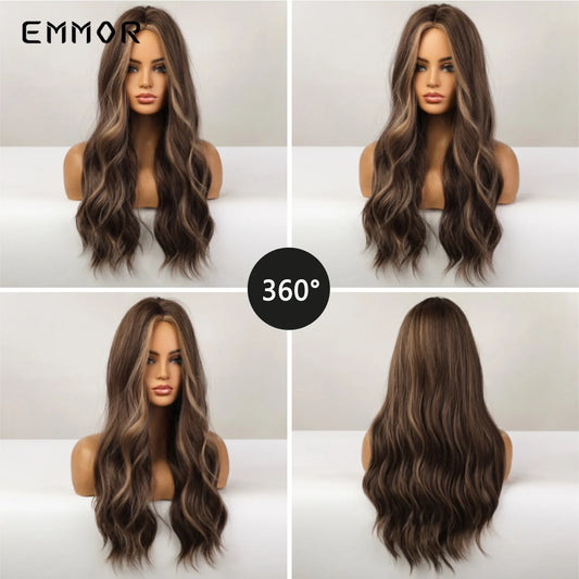 Emmor  Synthetic Wigs Long Wavy Ombre Brown with BlondeNatural Hair Wigs for Women Cosplay Wigs Heat Resistant Fiber Hair Wig