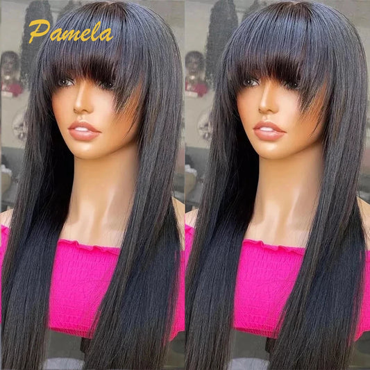 Brazilian 250% High Density 360 HD Transparent Lace Front Human Hair Wig With Bangs Bone Straight Full Lace Wig For Women
