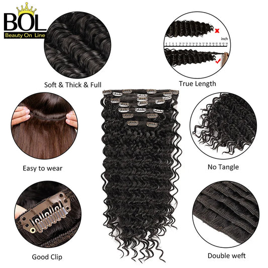 BOL Deep Wave Curly Clip in Hair Extensions Synthetic Hair Clip in 7Pcs Japanese Heat Resistant Fiber Hairpieces For Women