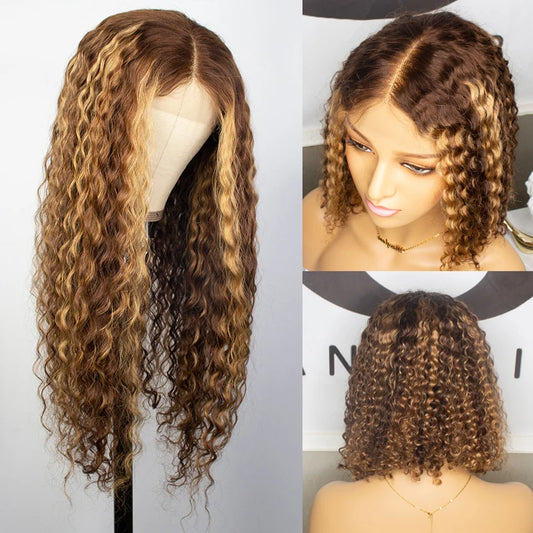 Curly Human Hair Wig Honey Blonde Ombre 13x1 Brazilian Brown Color Deep Water Wave Hd Frontal Highlight Bob Lace Front Wigs