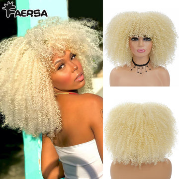 Short Hair Afro Kinky Curly Wigs With Bangs For Black Women Blonde African Synthetic Ombre Glueless Cosplay Wig High Temperature