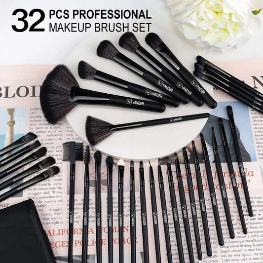 32pcs Black Makeup Brushes Natural Hair Professional Foundation Powder Eyeshadow Blush Makeup Brush Set With Case