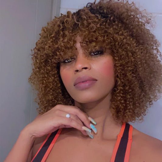 250D Brown Color Afro Kinky Curly Human Hair Wigs with Bangs Wear to go Glueless Wig Remy Brazilian Short Curly Human Hair Wig