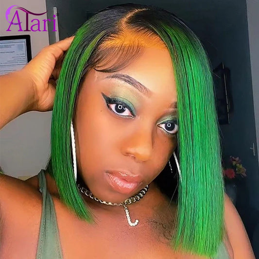 Ombre Green Straight Short Bob Wig 13x4 Lace Front Human Hair Wigs Transparent Lace Bob Wig Brazilian Pre Pluck for Black Women