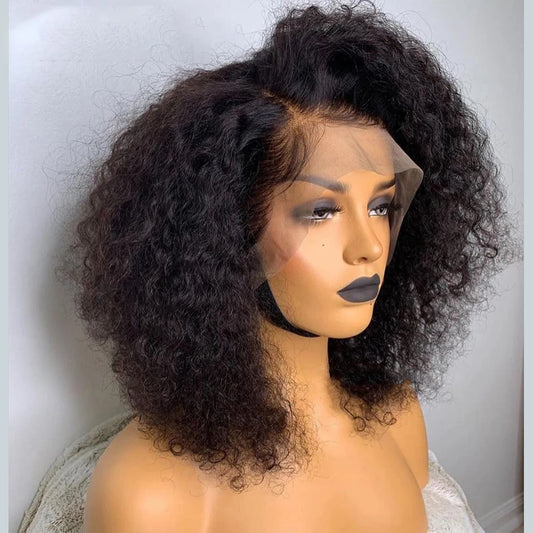 Soft Short Cut Bob Natural Black Kinky Curly 180Density Deep Lace Front Wig For African Women Babyhair Preplucked Glueless Daily