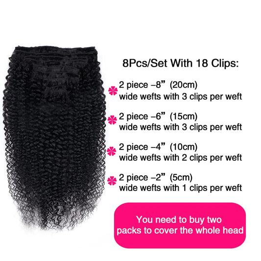 Kinky Curly Clip in Hair Extensions Human Hair for 120g/Set Natural Color Black Women Double Weft Brazilian 8 Pieces Human Hair