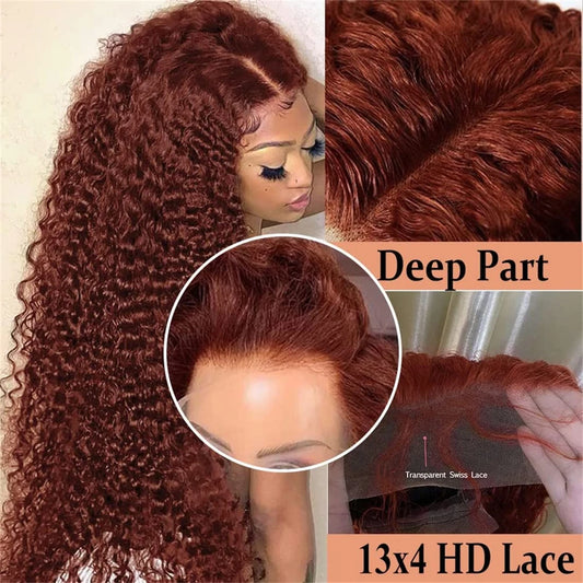 4x4 Closures Wig Reddish Brown Water Wave Lace Front Wig 250% Density Copper Red Curly Human Hair Wigs 13x6 HD Lace Frontal Wig