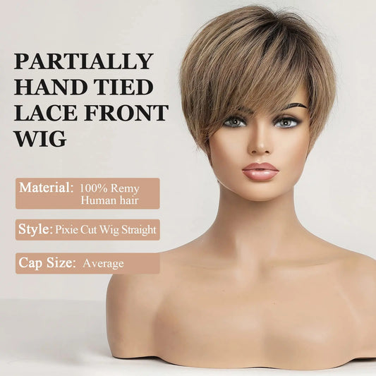 HD Lace Frontal Wig Glueless Human Hair Short Pixie Cut Wigs with Side Bang Remy Hair Straight Ombre Ash Blonde Wigs for Women
