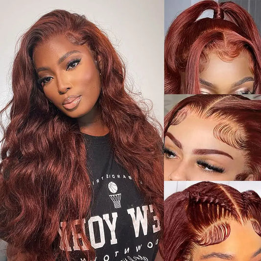 Reddish Brown Lace Front Human Hair Pre Plucked Dark Red Brown Body Wave 30 Inch 13x4 13x6 HD Lace frontal Wig On Sale Clearance