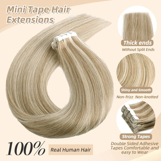 Neitsi Invisible Mini Tape In Hair Extensions Black Women 100% Natural Adhesive Human Hair Tape Ins Straight 12" 16"Blonde Ombre