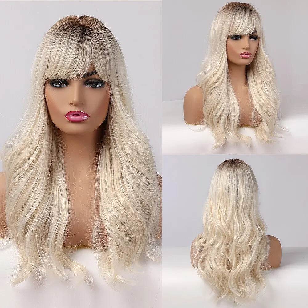 Long Platinum Blonde Wavy Synthetic Wigs for Women Natural Wave Wigs with Bangs Heat Resistant Daily Use Cosplay Hair