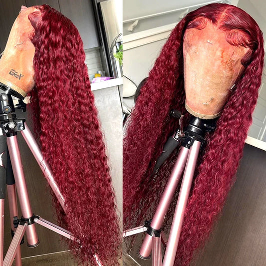 Curly Burgundy 13x4 Lace Frontal Human Hair Wig Brazilian 99J Red Colored Water Wave HD Lace Front Wig For Women PrePlucked Hair