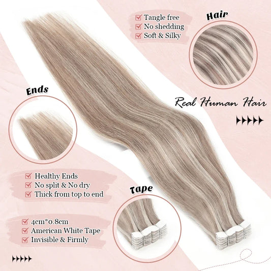 K.S WIGS Mini Tape In Human Hair Extensions Straight Seamless Skin Weft Invisible Natural Non-Remy Human Hair Adhesive Extension