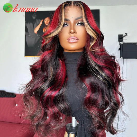 Highlights Red Blonde Colored Body Wave 180% Density Pre-Plucked 13x4 Lace Frontal Wig HD Lace Human Hair Wig For Black Women