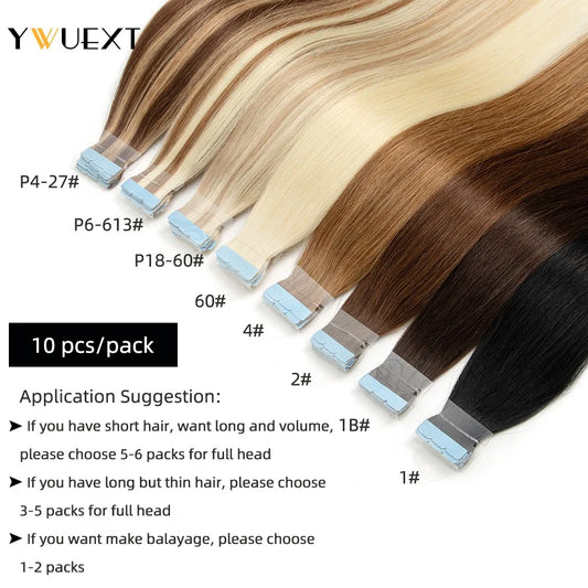 YWUEXT Mini Tape in Human Hair Extensions Straight Natural Black 1B# Machine Made Remy Hair 10pcs/pack Invisible Tape Hair