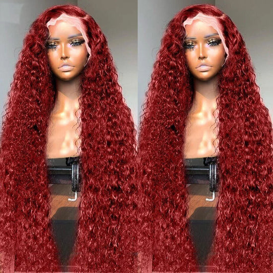 13x4 Deep Wave Frontal Wig 13x6 HD Lace Frontal Human Hair Wigs Colored 30 34 Inch Red Burgundy Curly Lace Front Human Hair Wigs
