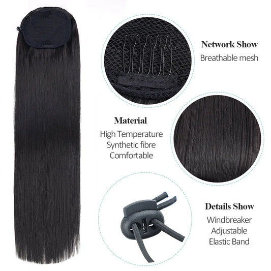 Long Straight Ponytail Synthetic 32 Inch Drawstring Pony Fiber Heat-Resistant Clip-In Hair Extension For Women Natural Looking