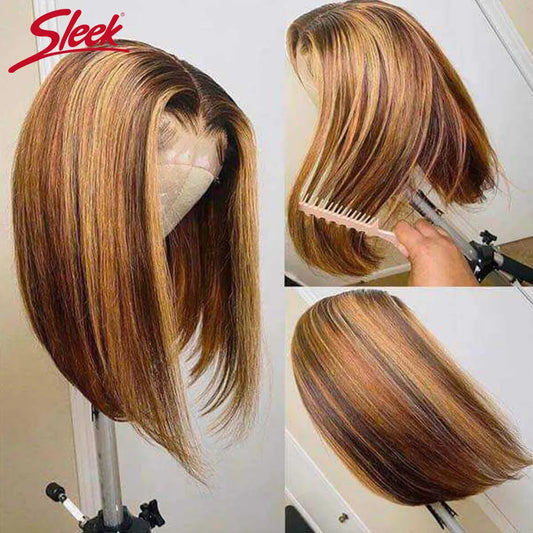 Highlight P4/27 Peruvian Remy Hair Short Bob Ombre Human Hair Wigs Blond Wig Straight Bob Wig 13*6*1 Lace Front Wigs For Women