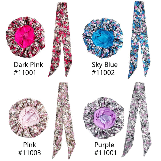 Luxury Women Satin Bonnet Cap Double Layer Silky Big Bonnet for Lady Printing Satin Sleep Cap+ Edge Laying Scarf Set