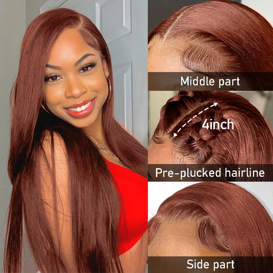 Reddish Brown Lace Front Human Hair Pre Plucked Dark Red Brown Bone Straight 13x4 13x6 HD Lace frontal Wig On Sale Clearance