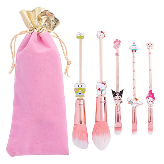 5pcs/set Sanrio Hello Kitty Makeup Brushes Kawaii Kuromi Foundation Blending Blush Concealer Eyebrow Powder Brush With Pouch