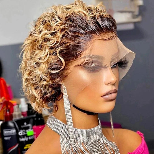 Pixie Cut Wig 1B 30 Brown Color Lace Wig Spring curl Short Bob Human Hair Wig For Women Natural Color Blonde Burgundy Color Remy