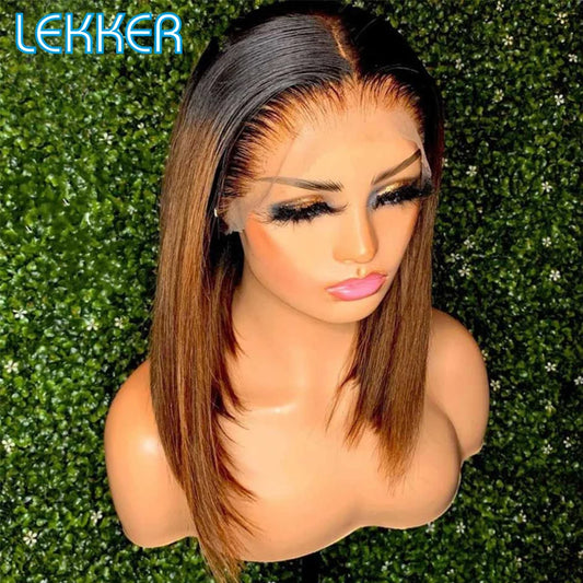 Lekker Ombre Brown Bone Straight Bob T Part Lace Front Human Hair Wig For Women Colored Brazilian Remy Hair Glueless 99j Red Wig