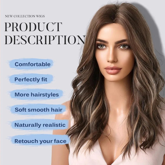 Brown Long Wavy Wig for Women,Highlight Middle Part Curly Wavy Wig,Shoulder Length Natural Looking Synthetic Heat ResistantFiber
