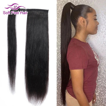 Wrap Around Straight Ponytail Human Hair Remy Hair Extensions Clip Ins Natural Color Hairpiece Straight Pony Tail Soft Feel Hair